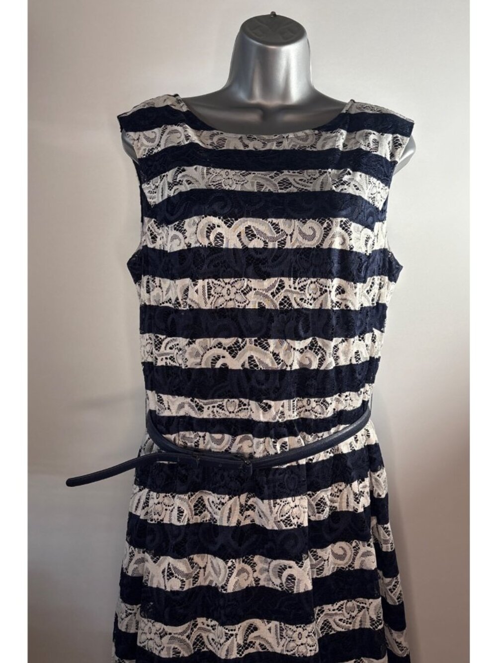 Alex Marie Sleeveless Women's Floral Lace Navy White Striped Nautical Dress (12) - Picture 2 of 15